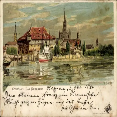 Ak Konstanz am Bodensee, Stadtansicht mit Gebäuden, Wasseransicht,  Architektur, 1899