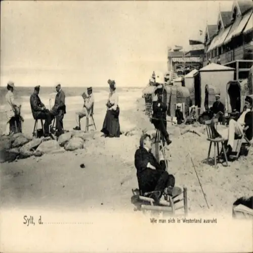 Ak Westerland auf Sylt, Strand, Männer und Frauen auf Stühlen, Entspannung, Westerland