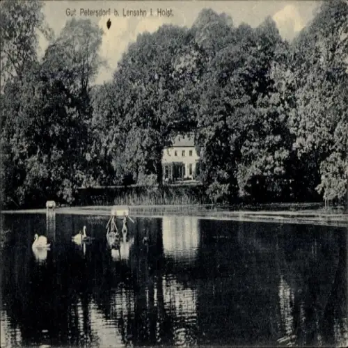 Ak Lensahn in Holstein, Gut Petersdorf, idyllischer See, umgeben von Bäumen, Schwäne, s Gebäude
