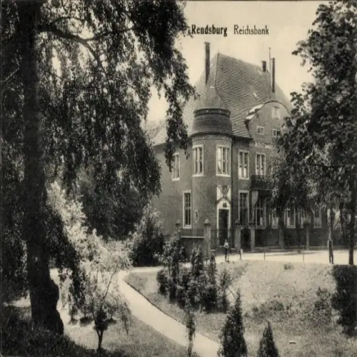 Ak Rendsburg in Schleswig Holstein, Reichsbank,  Architektur, Gartenanlage, teils bewaldet