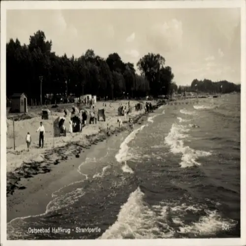 Ak Haffkrug Scharbeutz Ostholstein, Strandpartie, Ostseebad  Sandstrand, Wasser, Bäume, Menschen,