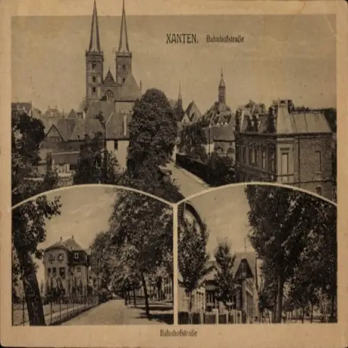 Ak Xanten am Niederrhein, Bahnhofstraße, alte Gebäude, zwei Türme,  Architektur