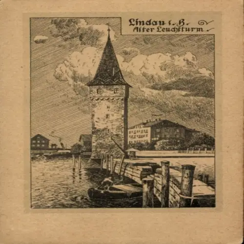 Ak Lindau am Bodensee Schwaben, Alter Leuchtturm, Hafenansicht, Wolken am Himmel,  Architektur