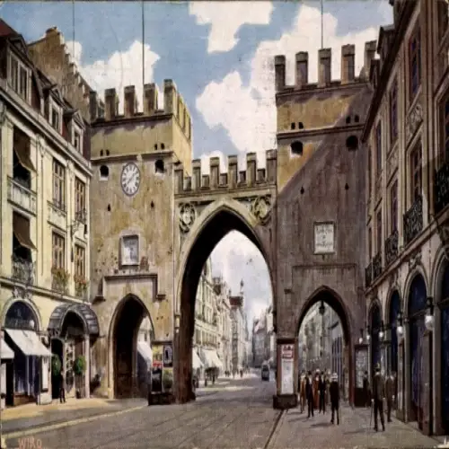 Ak München Bayern, Stadtansicht mit Tor, Gebäude, Uhr, Menschen,  Architektur