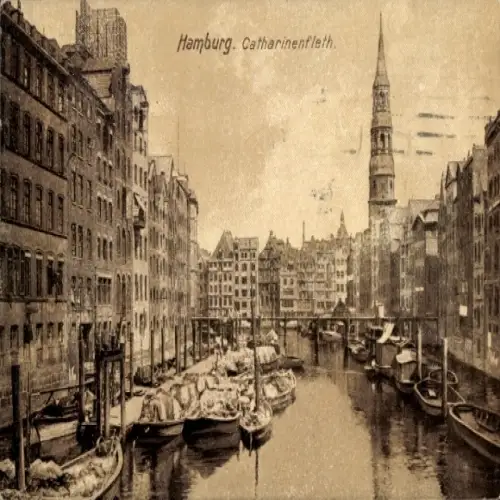 Ak Hamburg Mitte Altstadt, Historische Stadtansicht, Catharinenfleth, Wasserweg, alte Bauten, Kir