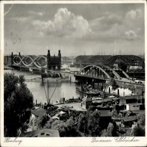 Ak Hamburg Mitte Altstadt,  Die neuen Ellebrücken, Hafenansicht, Brücken, Wasser, Wolken