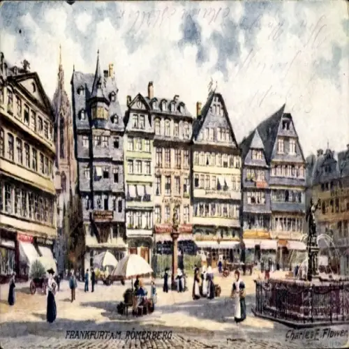 Ak Frankfurt am Main, Historische Gebäude, belebter Platz, Personen, Marktstände, Brunnen