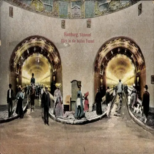 Ak Hamburg Mitte Altstadt, Elbtunnel, Blick in die beiden Tunnel,  Menschen, Pferd, Architektur