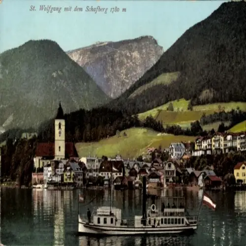 Ak St. Wolfgang am Wolfgangsee Oberösterreich, Landschaftsbild, Schafberg, See, Kirche, s Boot