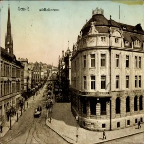 Ak Gera in Thüringen, Adelheidstraße, alte Gebäude, Straßenbahn
