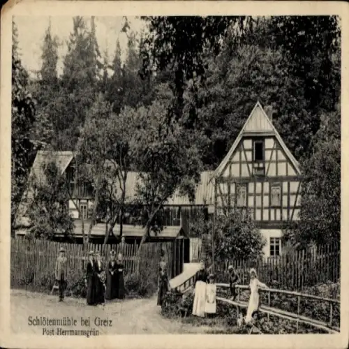Ak Greiz im Vogtland Thüringen, Schlötenmühle, Post Herrmannsgrün, ländliche Szene mit Menschen