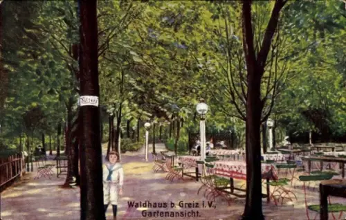 Ak Greiz im Vogtland Thüringen, Waldhaus, Gartenansicht, Bäume, Tische, Laternen