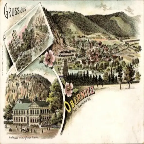Ak Obernitz Saalfeld an der Saale Thüringen, Vorderseite mit Landschaftsmotiven, Gebäude, Blumen,