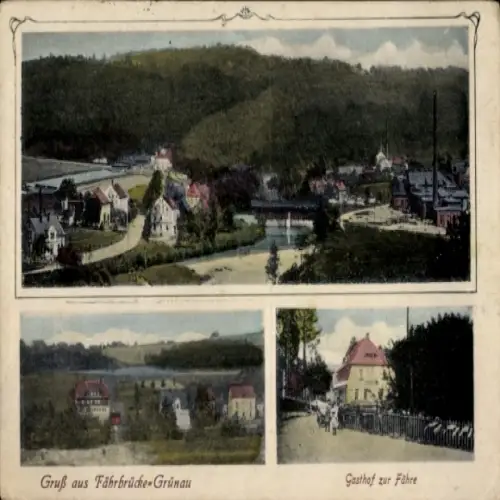 Ak Fährbrücke Grünau Langenbach Langenweißbach Erzgebirge, Totale, Gasthof zur Fähre