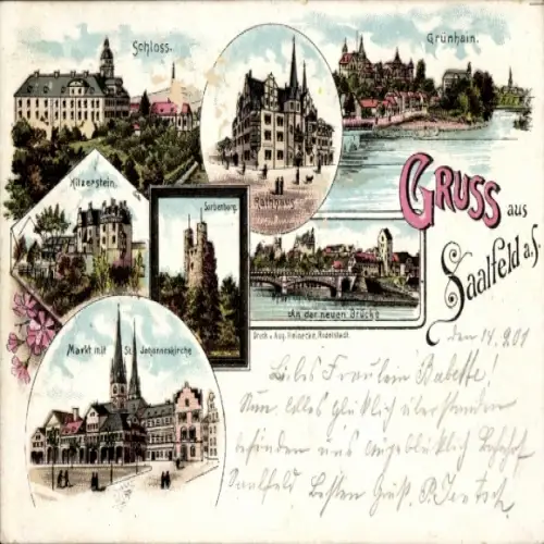 Ak Saalfeld an der Saale Thüringen, Schloss, Grünhain, Milzerstein, Sorbenburg, St. Johanneskirch