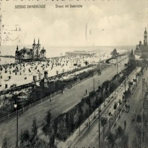 Ak Świnoujście Swinemünde Pommern, Strand mit Seebrücke, Seebad   Architektur, Menschen