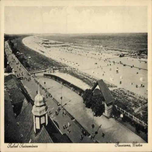 Ak Świnoujście Swinemünde Pommern, Panorama von  Strand, Menschen, Strandpromenade, Gebäude