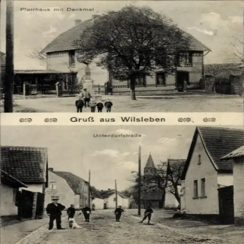 Ak Wilsleben Aschersleben im Salzlandkreis, Pfarrhaus mit Denkmal, Unterdorfstraße