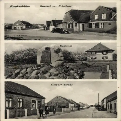 Ak Großmöhlau Groß Möhlau Sachsen Anhalt, Gasthof zur Erholung, Denkmal, Golpaer Straße