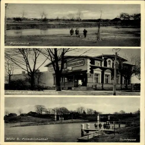 Ak Malz Oranienburg in Brandenburg, Panorama, Gasthof z. Waldschlösschen, Malzer Schleuse
