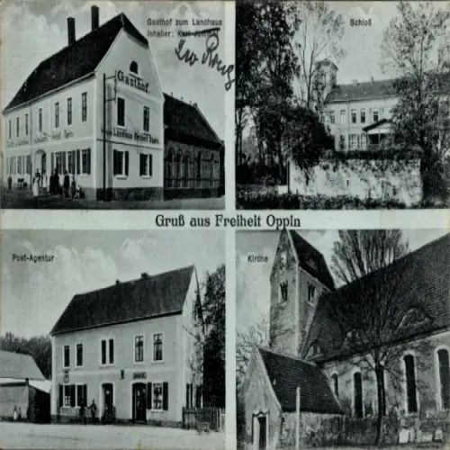 Ak Freiheit Oppin Landsberg im Saalekreis, Gasthof zum Landhaus, Schloss, Post, Kirche