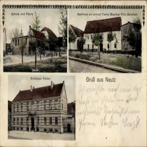 Ak Neutz Lettewitz Löbejün im Saalekreis, Gasthof  zur grünen Tanne, Gutshaus, Schule, Pfarre