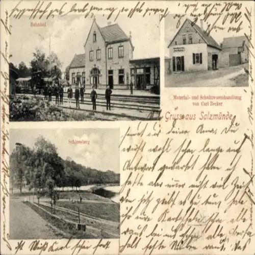 Ak Salzmünde Salzatal Saalekreis, Bahnhof, Schlossberg, Geschäftshaus Carl Becker