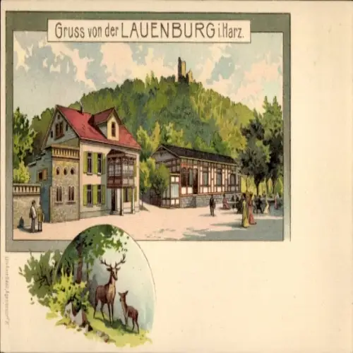 Litho Stecklenberg Thale im Harz, Burgruine Lauenburg, Gasthaus, Hirsch