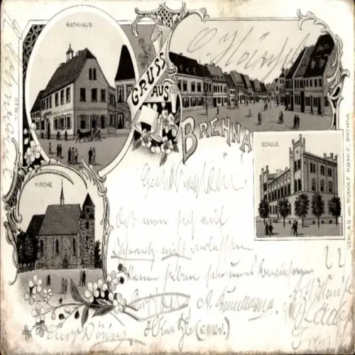 Litho Brehna in Sachsen Anhalt, Rathaus, Kirche, Schule