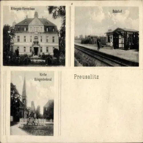 Ak Preußlitz Bernburg an der Saale, Ritterguts Herrenhaus, Kirche, Kriegerdenkmal, Bahnhof