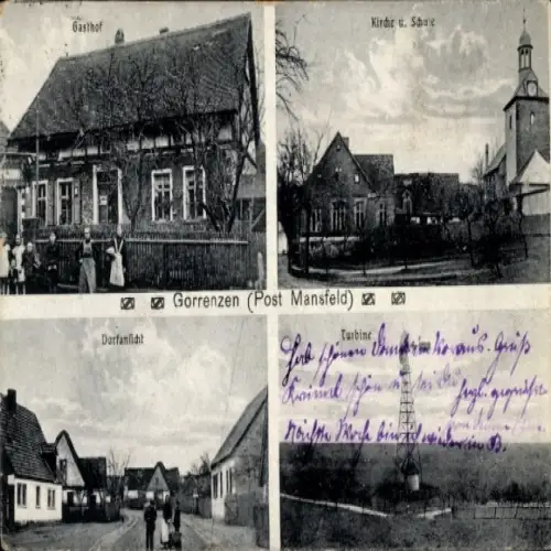 Ak Gorenzen Mansfeld im Harzvorland, Gasthof, Kirche, Schule, Turbine