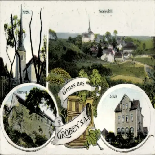 Ak Gröben Teuchern im Burgenlandkreis, Kirche, Gasthaus, Schule, Totalansicht