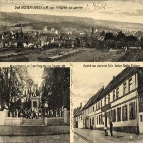 Ak Westerhausen Thale im Harz, Dorf  Kriegerdenkmal, Gasthof zum schwarzen Adler