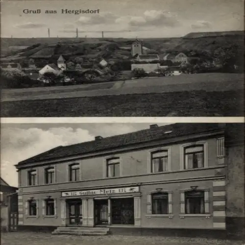Ak Hergisdorf in Sachsen Anhalt, Gesamtansicht, Geschäftshaus Gustav Metz