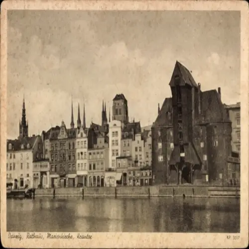 Ak Gdańsk Danzig, Stadtansicht  Rathaus, Marienkirche, Hafen,  Architektur