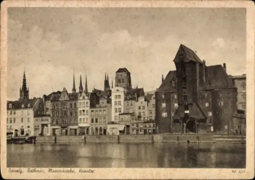Ak Gdańsk Danzig, Stadtansicht  Rathaus, Marienkirche, Hafen,  Architektur