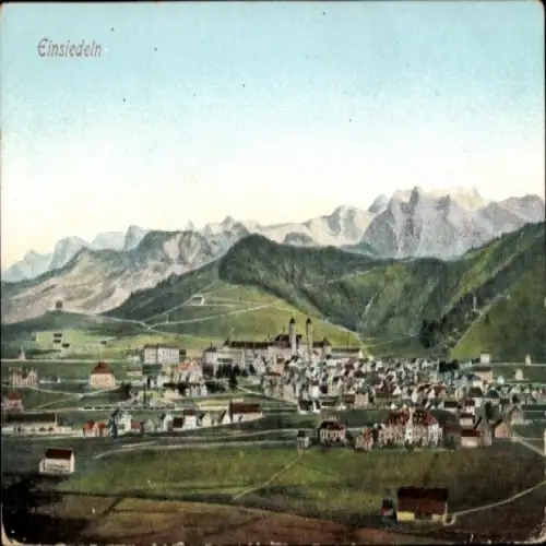 Ak Einsiedeln Kanton Schwyz Schweiz, Ansicht von  Berge im Hintergrund, Farbenfrohe Darstellung