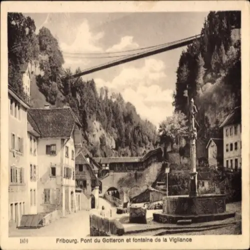 Ak Fribourg Freiburg Stadt Schweiz, Brücke, Statue, Brunnen, Berge, Architektur
