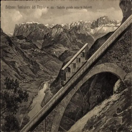 Ak Bozen Bolzano Südtirol, Funicolare del Virgolo, Viadotto verso die Dolomiti, Berglandschaft,  