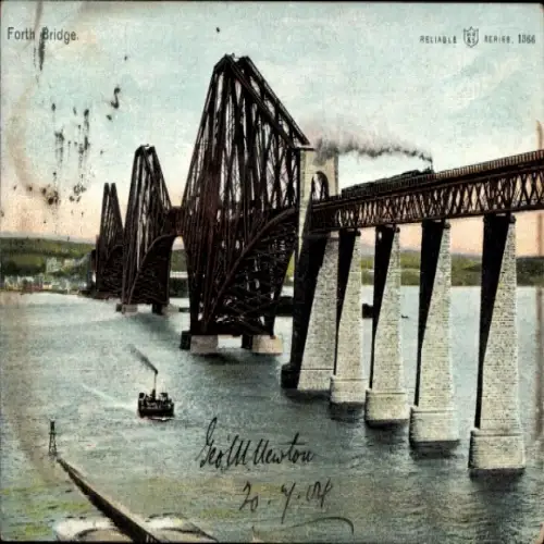 Ak Edinburgh Schottland, Forth Bridge, Brücke, Dampfschiff, Wasser, aus 1904