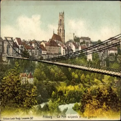 Ak Fribourg Freiburg Stadt Schweiz, Aussicht auf den Pont suspendu, Stadtansicht, Berge, schöne F