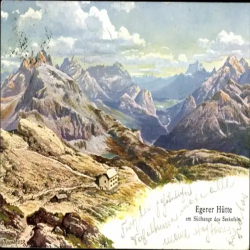 Künstler Ak Riesenreiter, R., Belluno Veneto, Egerer Hütte, Blick auf die Hohe Gaisl, Cristallo
