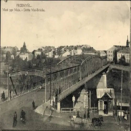 Ak Przemyśl Polen, Dritte Mai-Brücke, Brücke über einen Fluss, Stadtansicht, Grafische Darstellun
