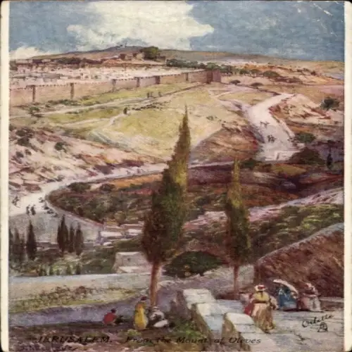 Ak Jerusalem Israel, Blick vom Ölberg, Stadtmauer, Zypressen, Moschee, christliche Stätten
