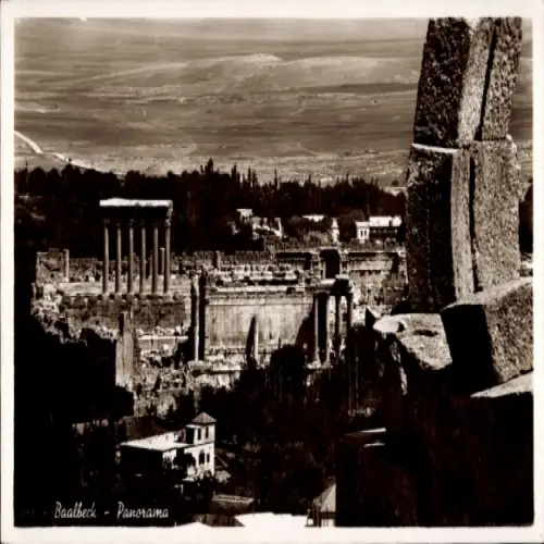 Ak Baalbek Libanon, Panorama von  antike Ruinen, Säulen