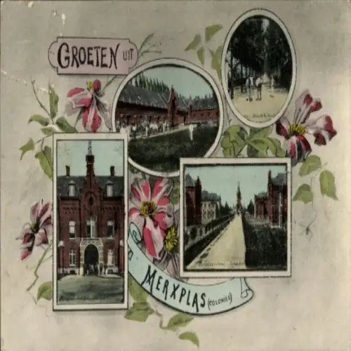 Ak Merxplas Merksplas Flandern Antwerpen, Verschiedene Ansichten von  Blumenmuster, Text: GROETEN