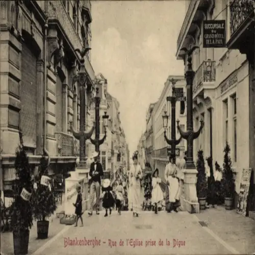 Ak Blankenberghe Blankenberge Westflandern,  Rue de l'Eglise, Menschen auf der Straße, Geschäfte,
