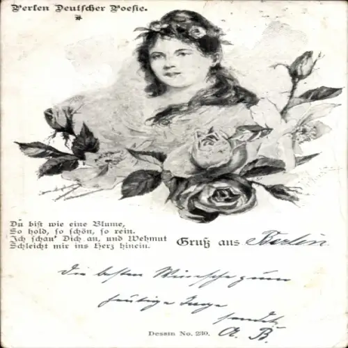Ak Perlen Deutscher Poesie, Du bist wie eine Blume, Frauenportrait