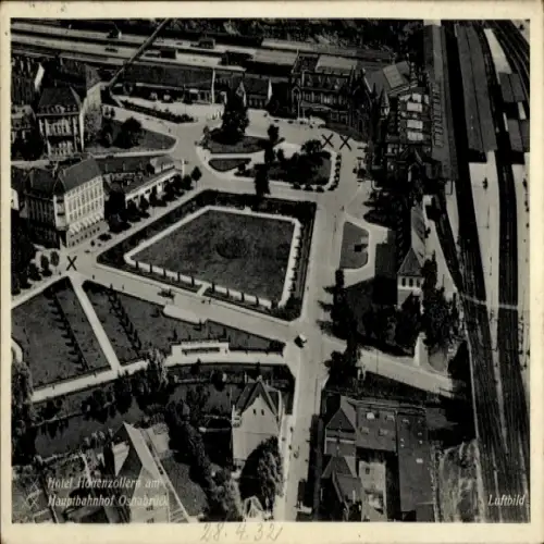 Ak Osnabrück in Niedersachsen, Hotel Hohenzollern, Luftbild, Hauptbahnhof, Grünanlage, 1932