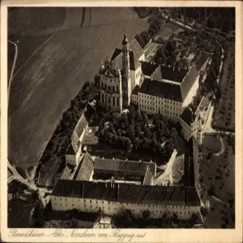 Ak Neresheim in Württemberg, Benediktiner Abtei  Luftaufnahme, Landschaft,  Architektur